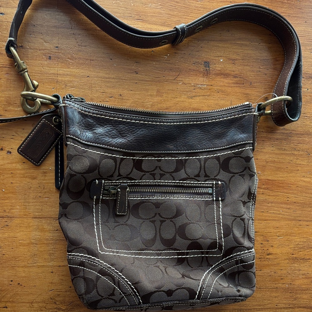 Coach Signature C Brown Canvas Leather Trim Crossbody Shoulder Bag.